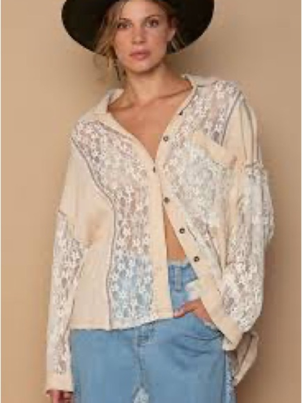 Pol tan lace gauze top oversized POL feminine western boho bohemian
